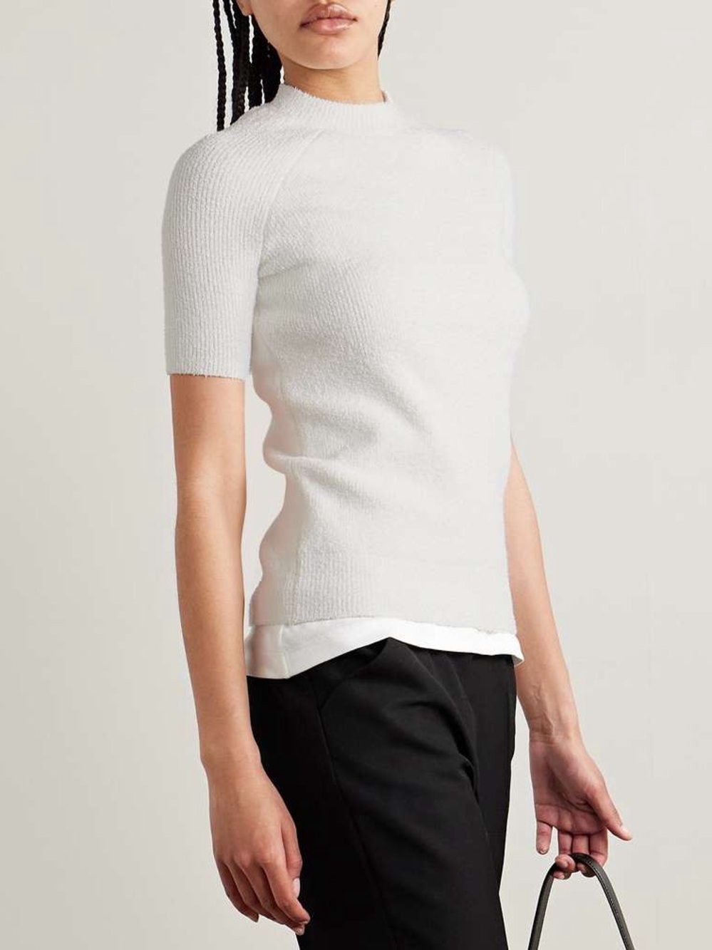Toteme white Organic Cotton Blend ribbed knit Boucle Short Sleeve Sweater XS